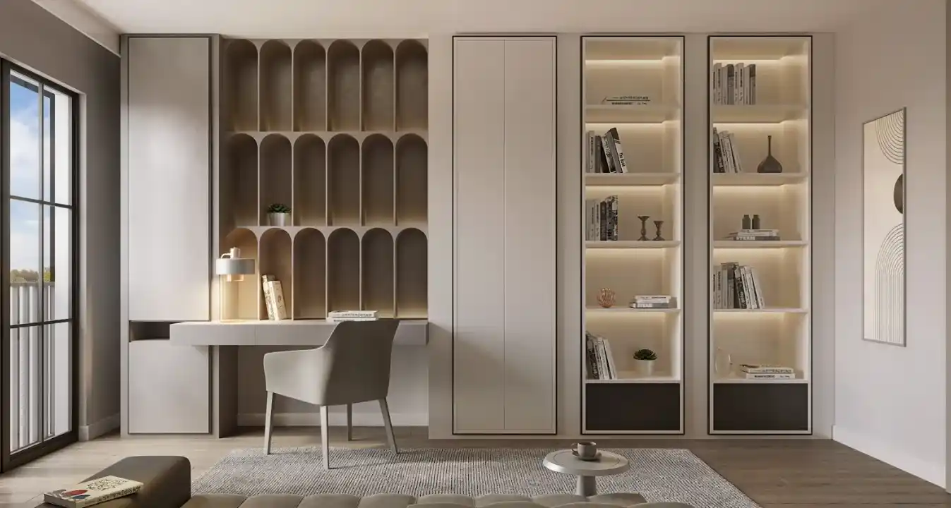 اتاق کار خانگی با کمد دیواری و شلف‌های قفسه‌بندی توکار در پروژه سینپاش بولوارد صفاکوی